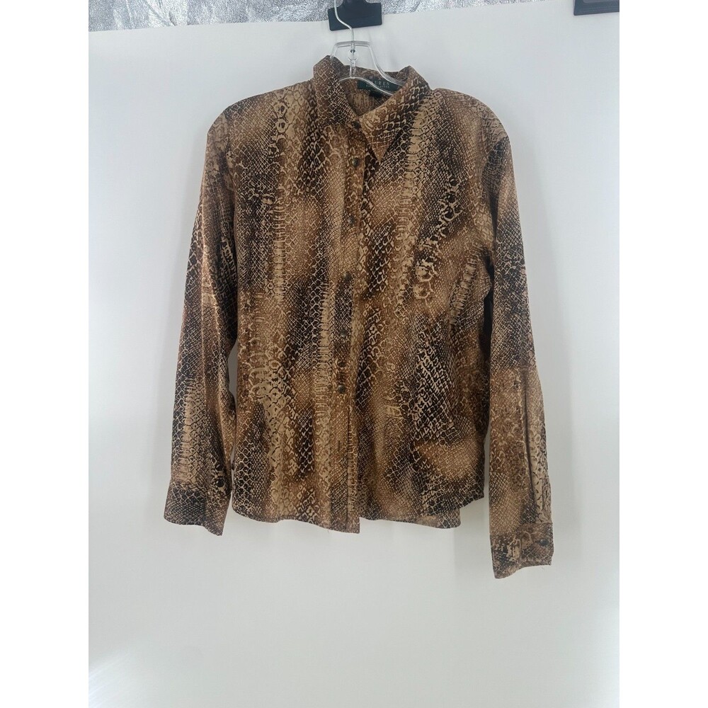Lauren Ralph Lauren Button Down Shirt Women's XL Brown Snakeskin Animal Print